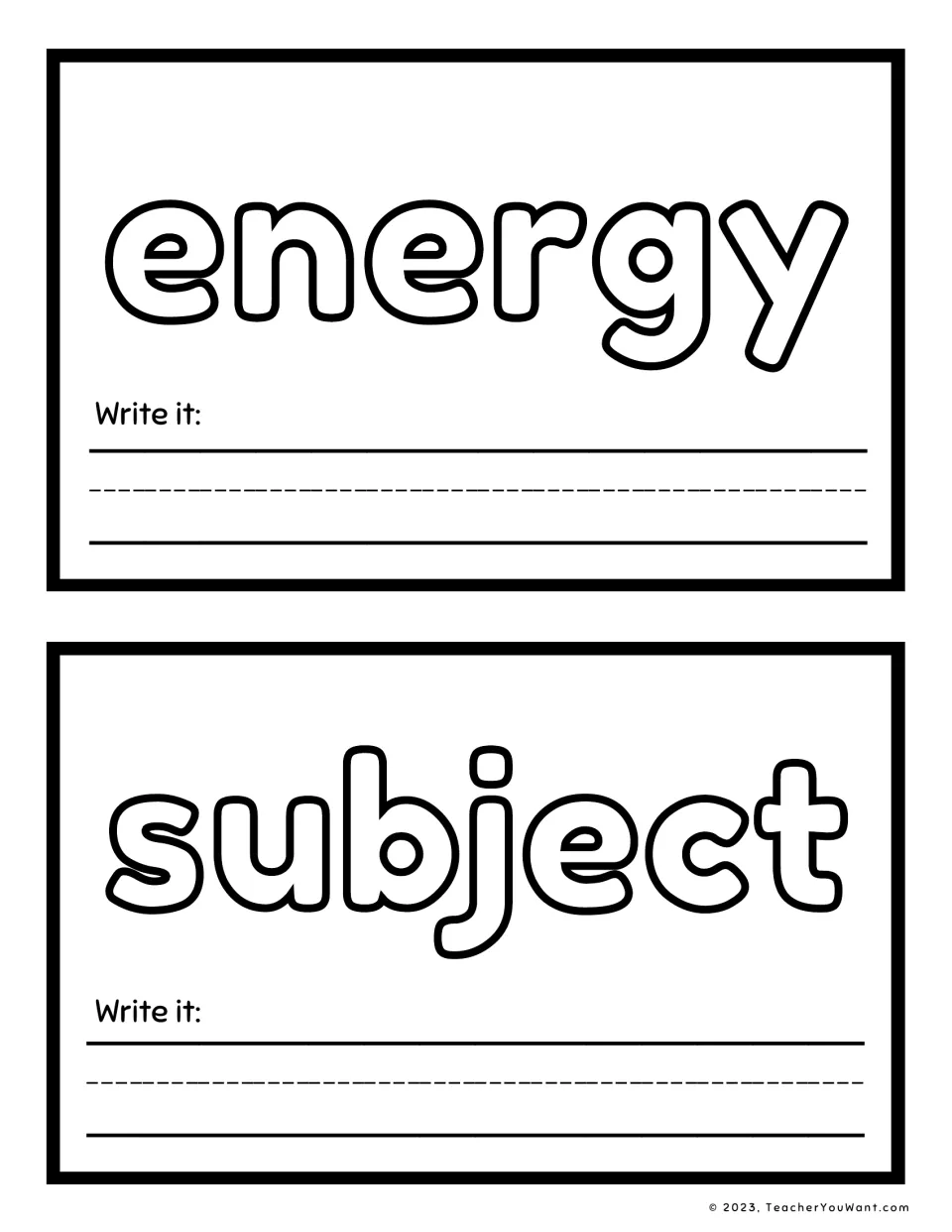 Sight word playdough mats 17–18 feature “energy” and “subject” in outlined letters, each with a writing prompt.