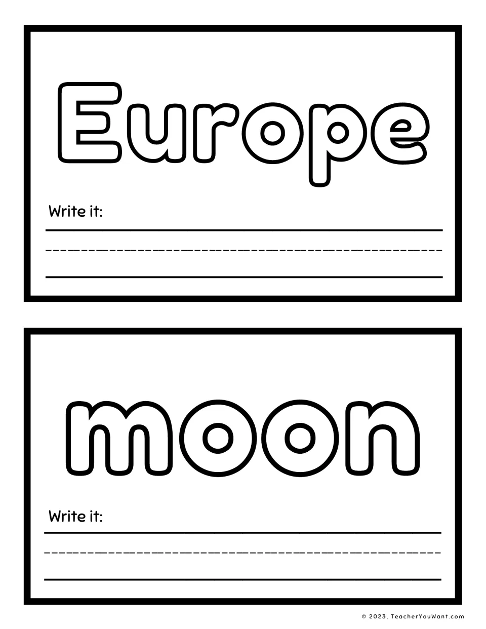Sight word playdough mats 19–20 feature “Europe” and “moon” in outlined letters, each with a writing prompt.