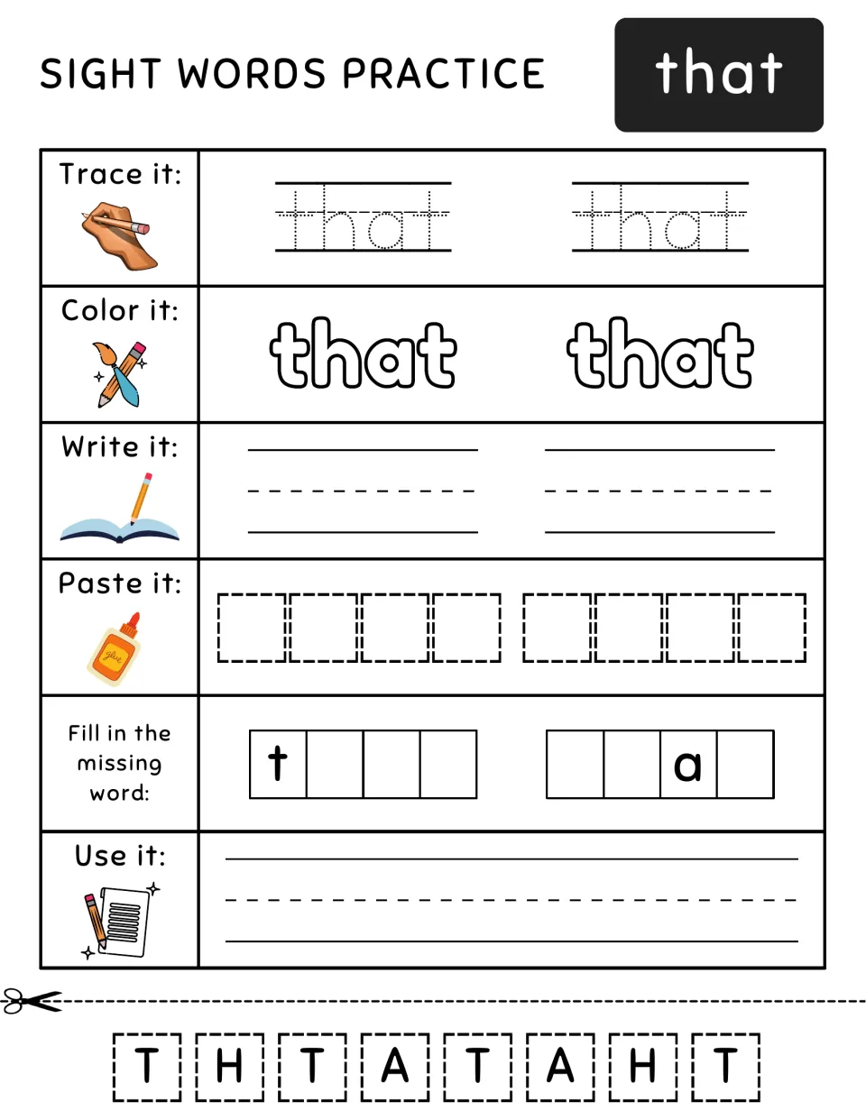 Sight word "that": trace, color and write it twice, paste eight cut-out T, H, A letters, complete t___ and __a_, use it
