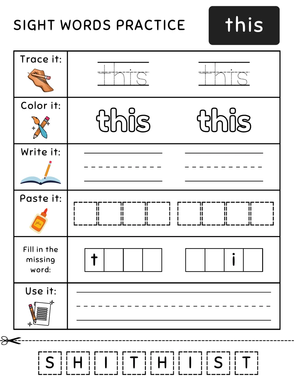 Sight word practice for 'this': trace, color, write, cut and paste letters, complete the word, and use it.