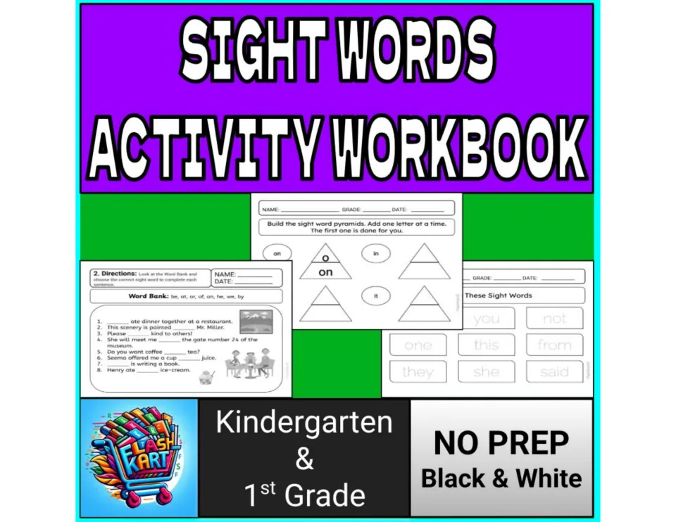 Sight Words Activity Workbook cover for Kindergarten & 1st Grade showing tracing, word pyramid and fill-in-the-blank pages