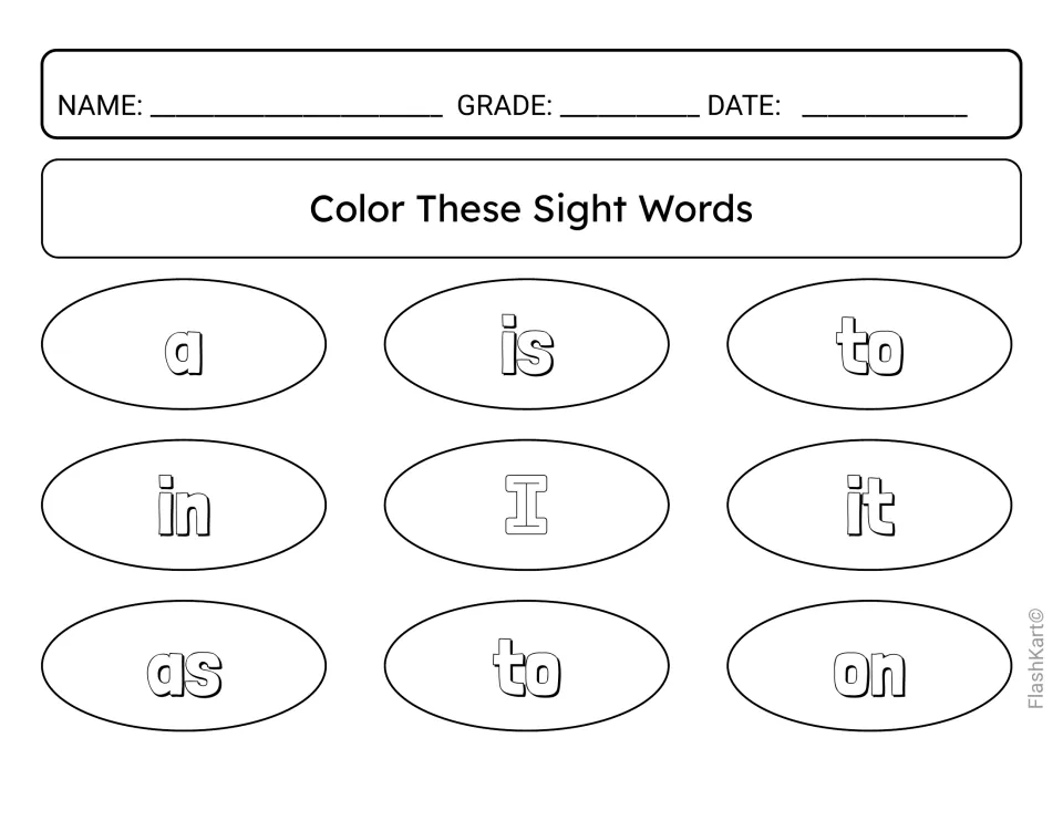 Color These Sight Words: students color bubble-letter a, is, to, in, I, it, as and on to build recognition of each word