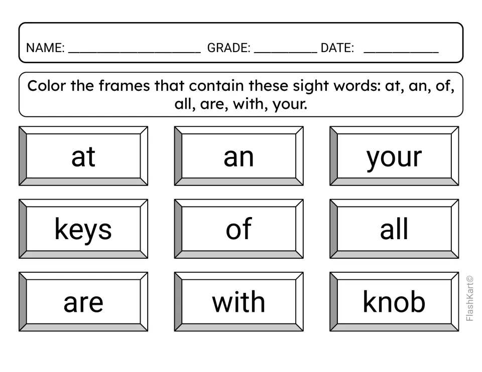 Find and color sight words: students color at, an, of, all, are, with and your, skipping the distractors keys and knob