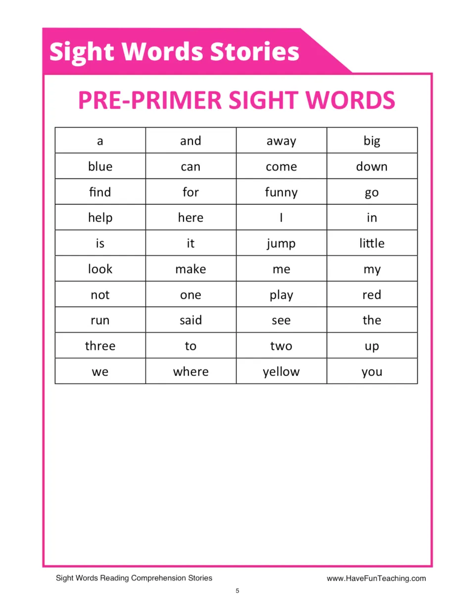 Pre-Primer sight words list of 40 words to read, running from a, and, away and big through we, where, yellow and you