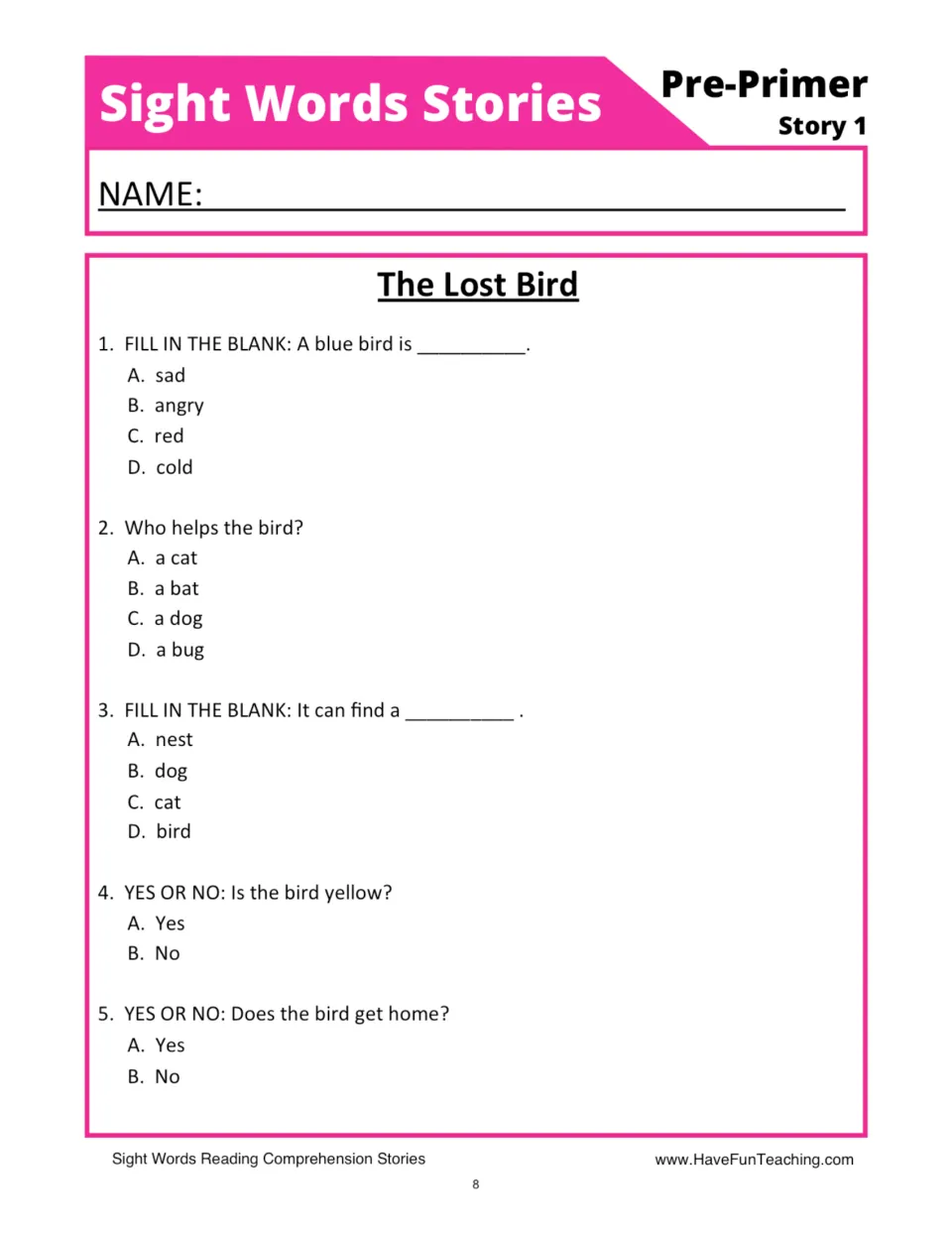 The Lost Bird comprehension questions: students answer 5 multiple-choice, fill-in-the-blank and yes or no items