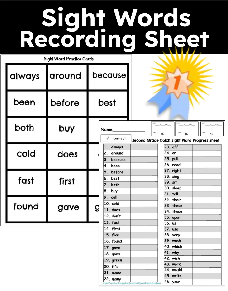 Sight Words Recording Sheet cover showing a Second Grade Dolch progress sheet and practice cards from always to found
