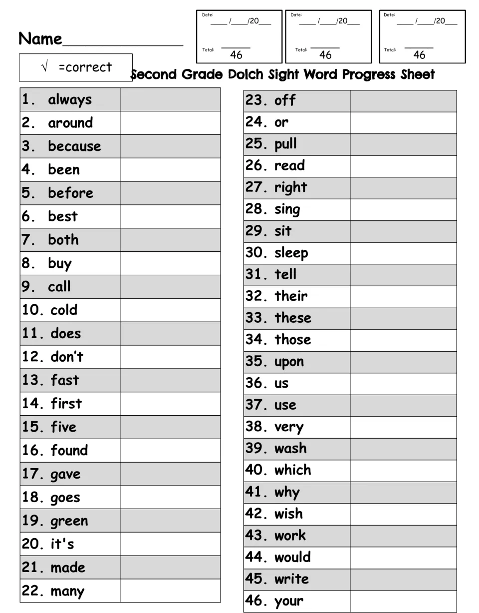 Blank Second Grade Dolch Sight Word Progress Sheet listing 46 words, always to your, to check off on three dates