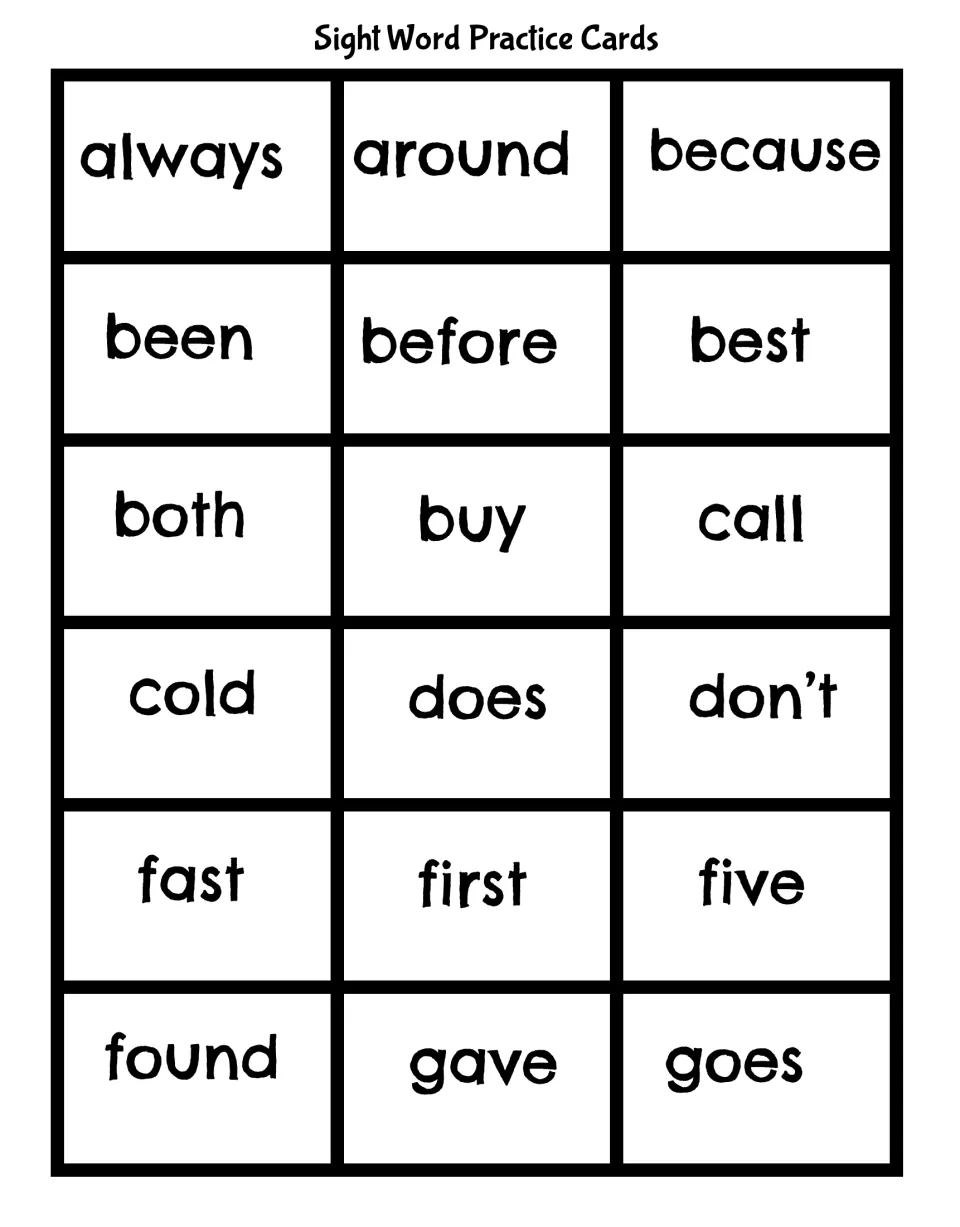 Sight word practice cards for reading words: 18 flashcards from always, around and because through found, gave and goes