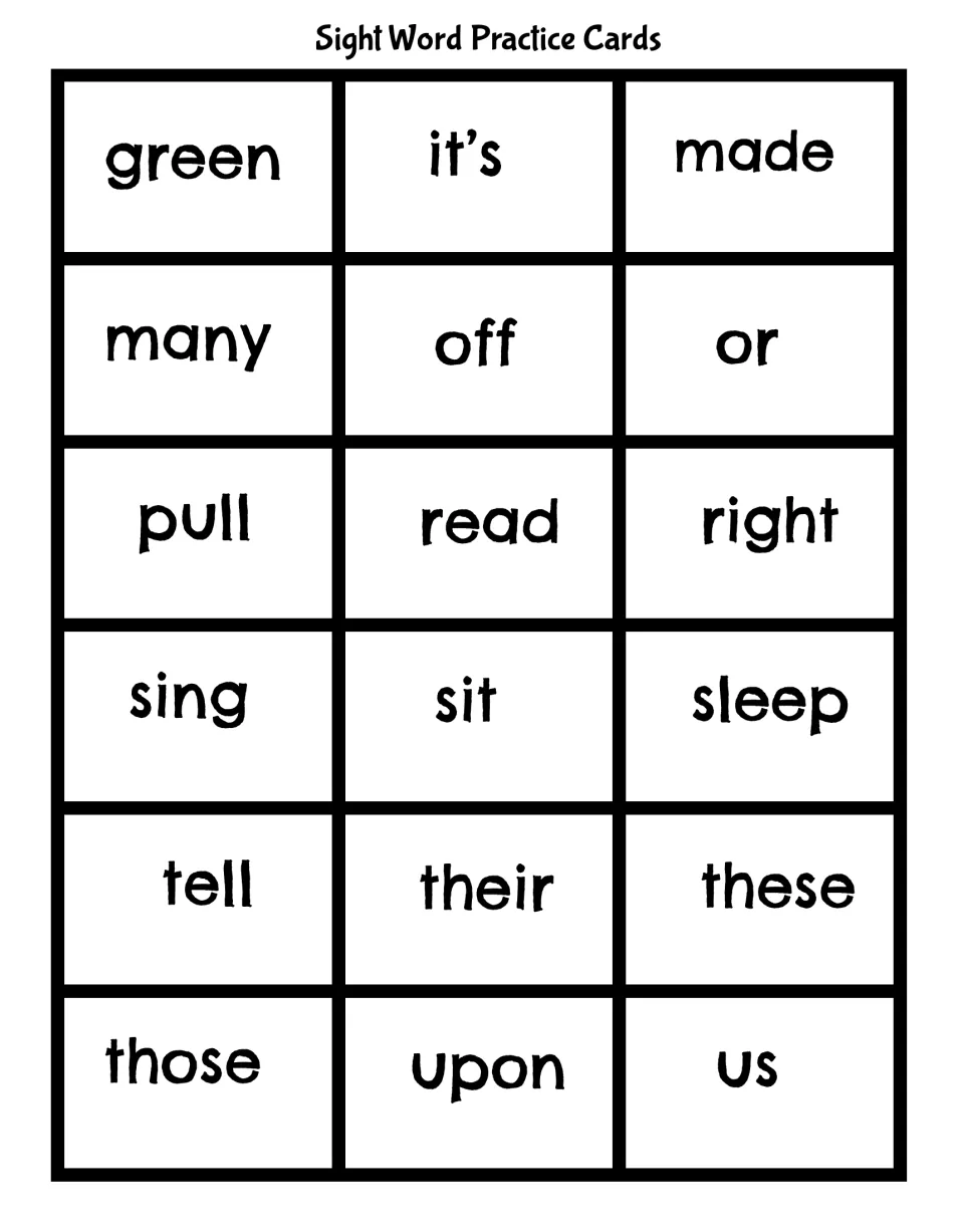 Sight word practice cards for word recognition: 18 flashcards running from green, it's and made to those, upon and us