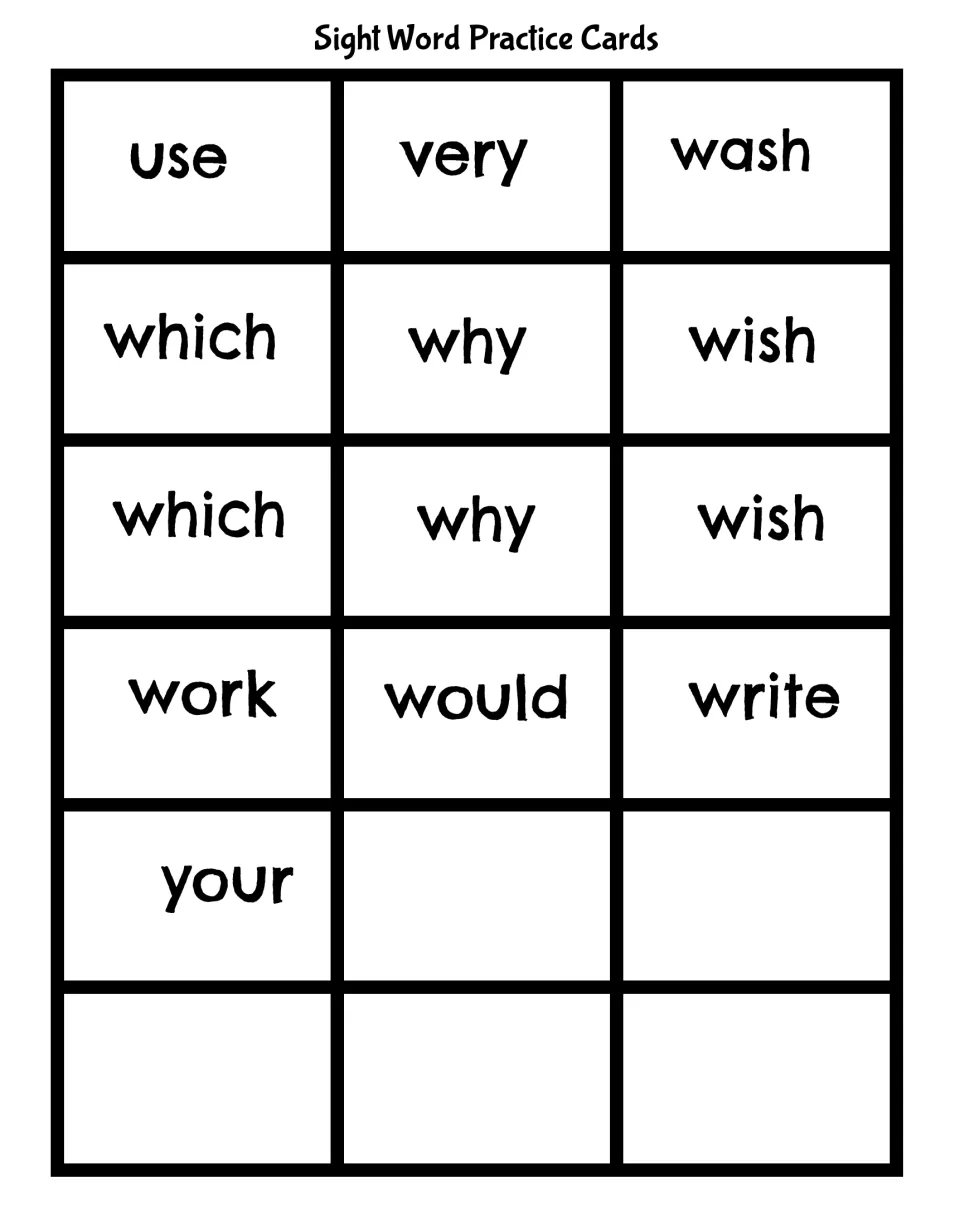 Last sight word practice cards: use, very, wash, which, why, wish (printed twice), work, would, write and your