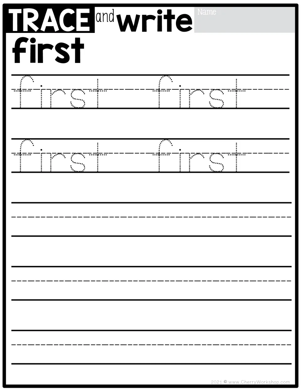 Sight word practice for 'first': four dotted examples to trace, followed by space for independent writing.