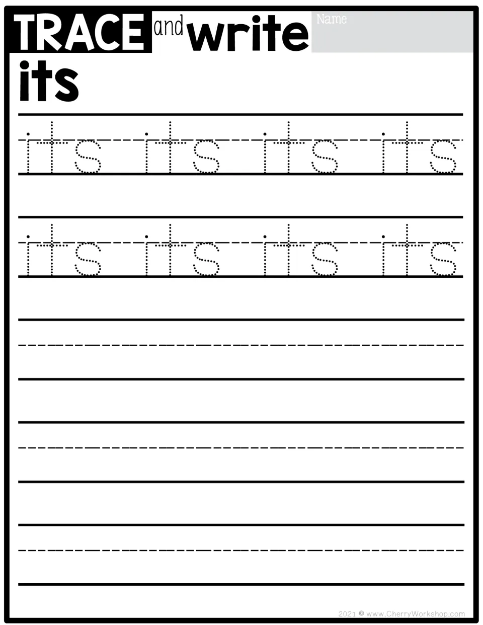 Sight word practice for 'its': eight dotted examples to trace, followed by space for independent writing.