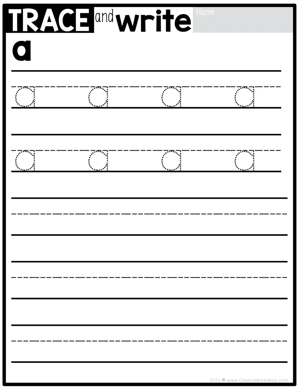 Sight word tracing practice for 'a': eight dotted examples to trace, followed by independent writing practice.