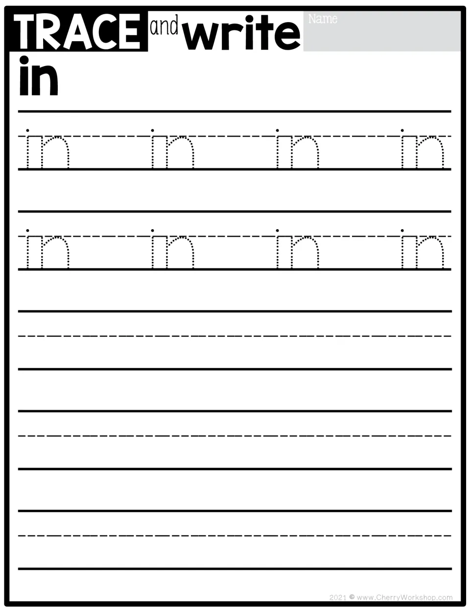 Sight word tracing practice for 'in': eight dotted examples to trace, followed by independent writing practice.