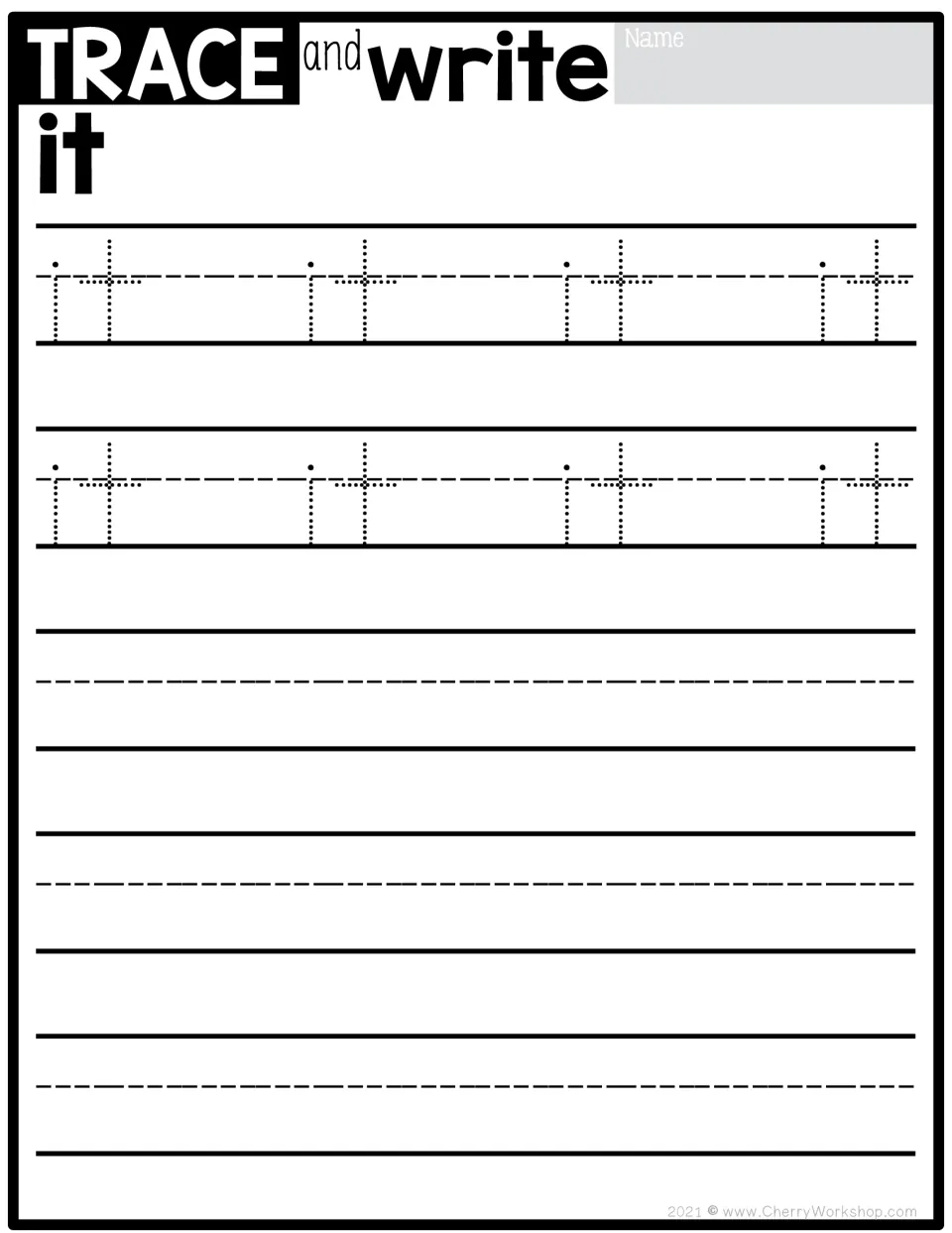 Sight word tracing practice for 'it': eight dotted examples to trace, followed by independent writing practice.