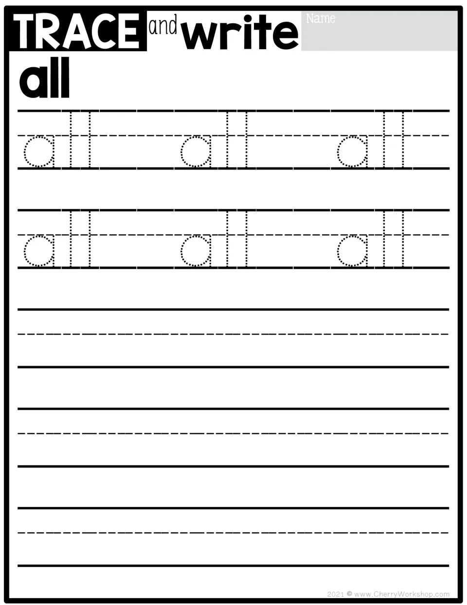 Sight word tracing practice for 'all': six dotted models to trace, followed by independent writing practice.