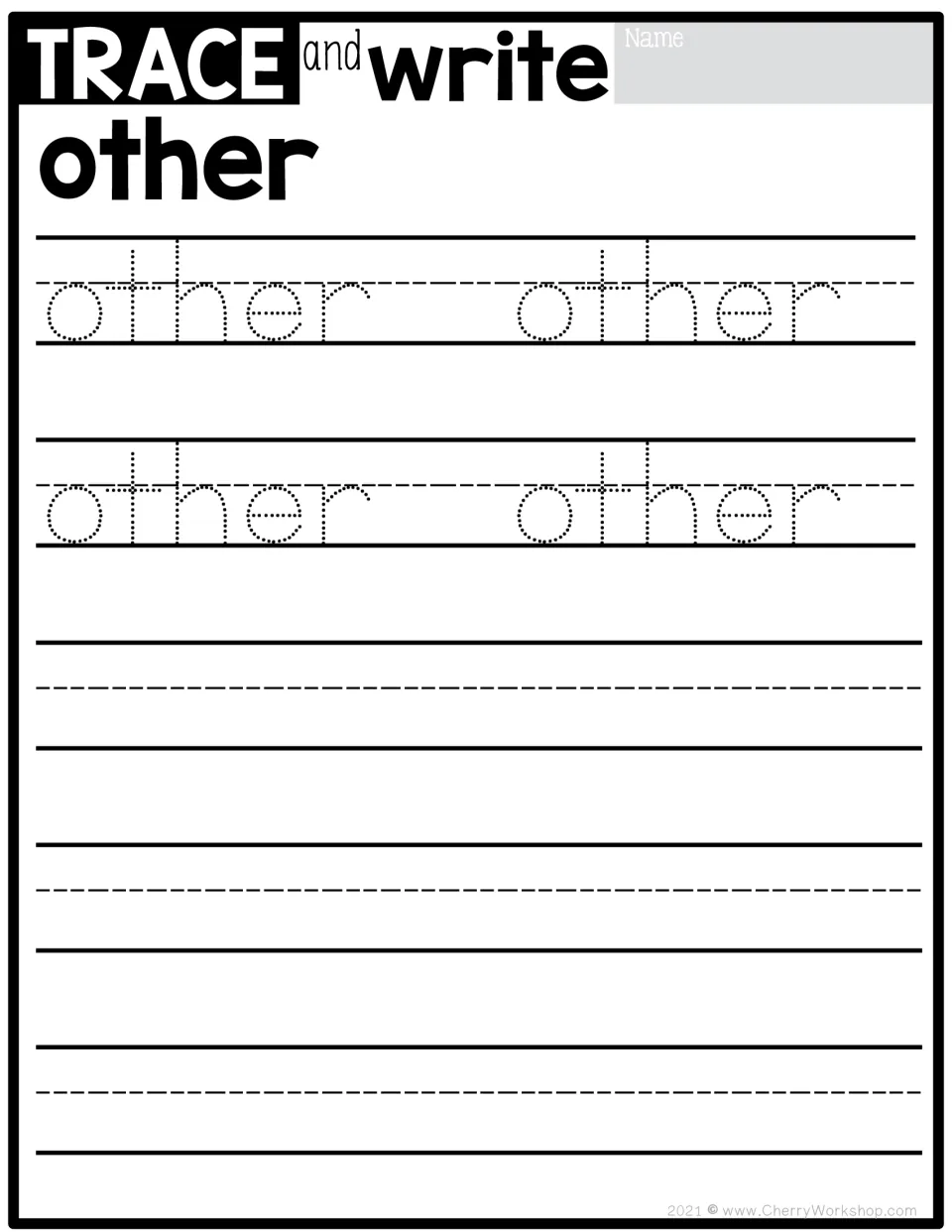 Sight word tracing practice for 'other': four dotted models to trace, followed by independent writing practice.