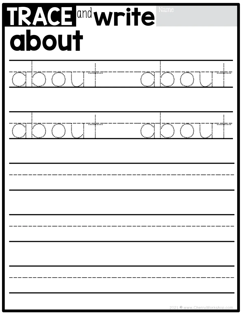 Sight word tracing practice for 'about': four dotted models to trace, followed by independent writing practice.