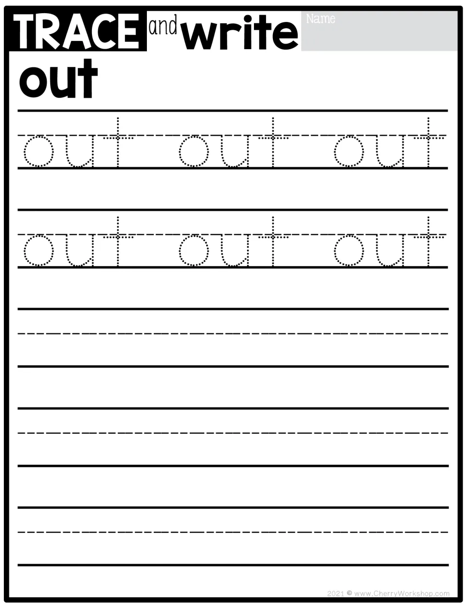 Sight word tracing practice for 'out': six dotted models to trace, followed by independent writing practice.