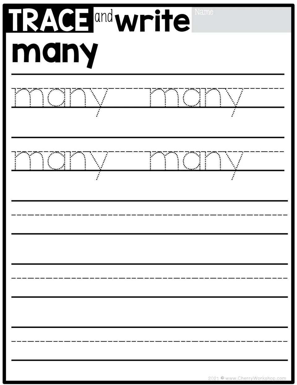 Sight word tracing practice for 'many': four dotted models to trace, followed by independent writing practice.