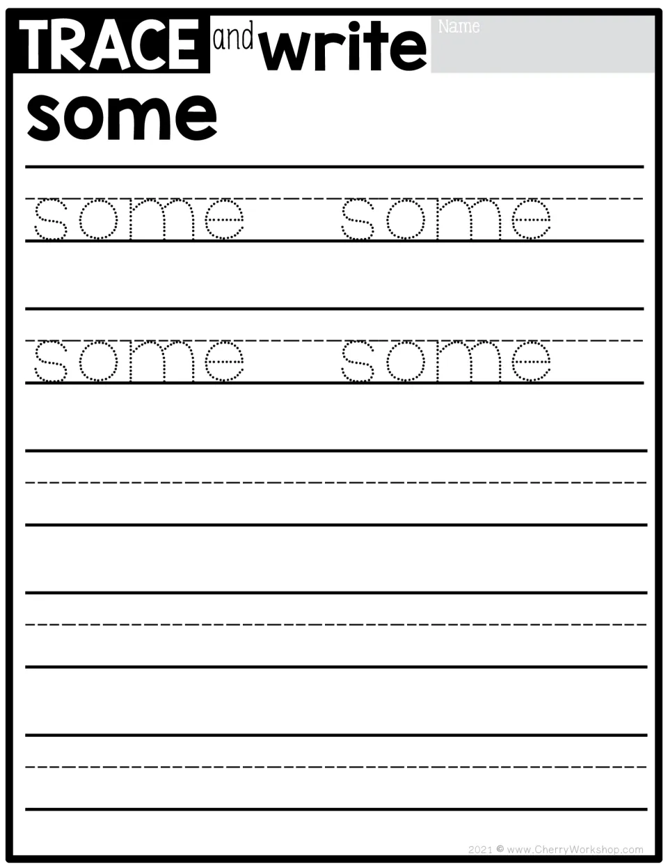 Sight word practice for 'some': trace the word four times, then write it independently to practice handwriting.