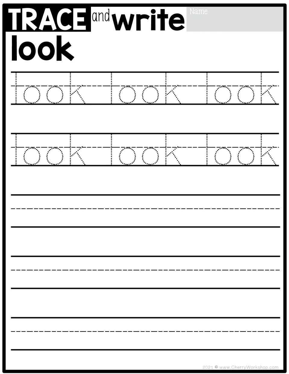 Sight word practice for 'look': trace the word six times, then write it independently to practice handwriting.