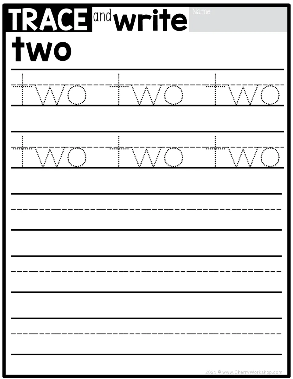 Sight word two: students trace the dotted word six times, then write two on their own across three blank handwriting rows
