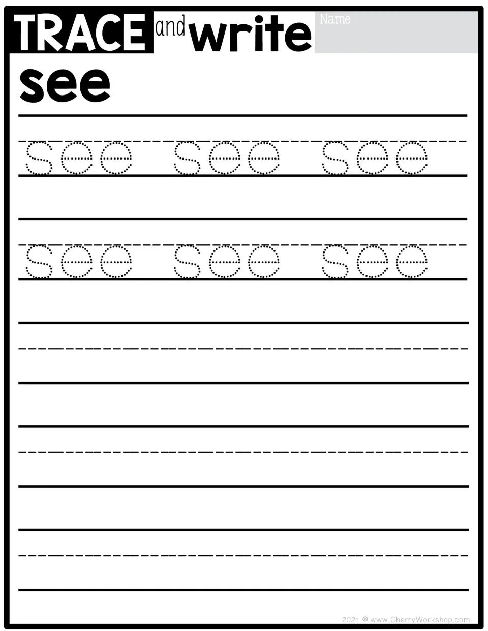 Sight word see: students trace the dotted word see six times across two rows, then write see by themselves on three rows