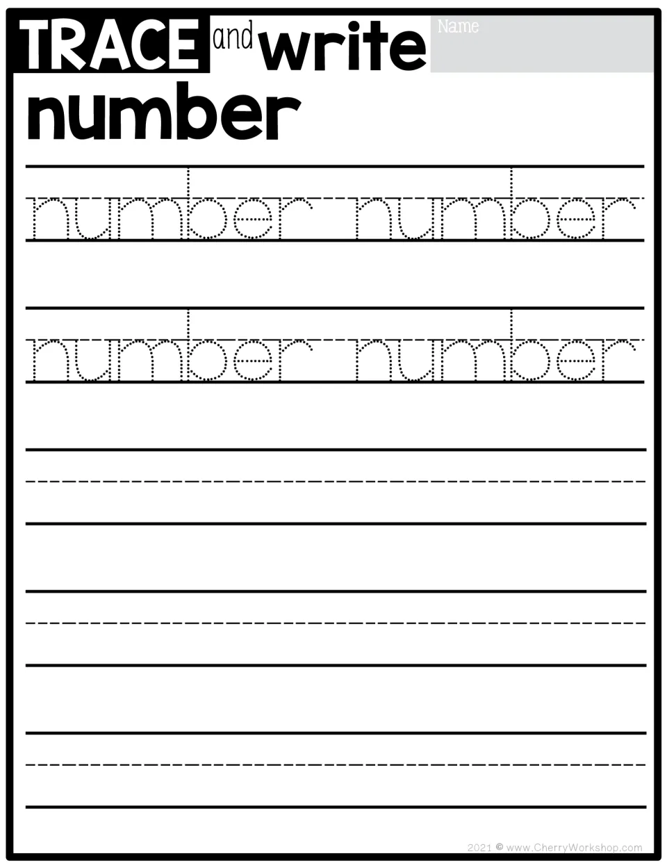 Sight word number: students trace four dotted copies of the six-letter word number, then write it unaided on three rows