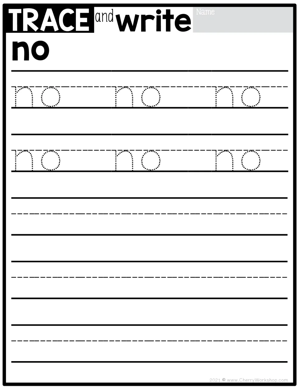 Sight word no: kids trace six dotted copies of no on two rows, then print no unassisted on three blank rows