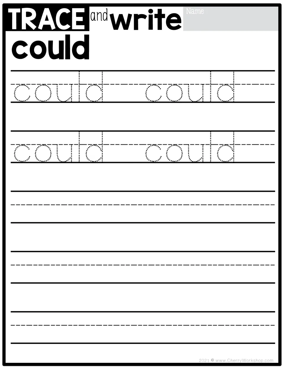Sight word could: students trace four dotted copies of could, then write the word with its silent l on three blank rows