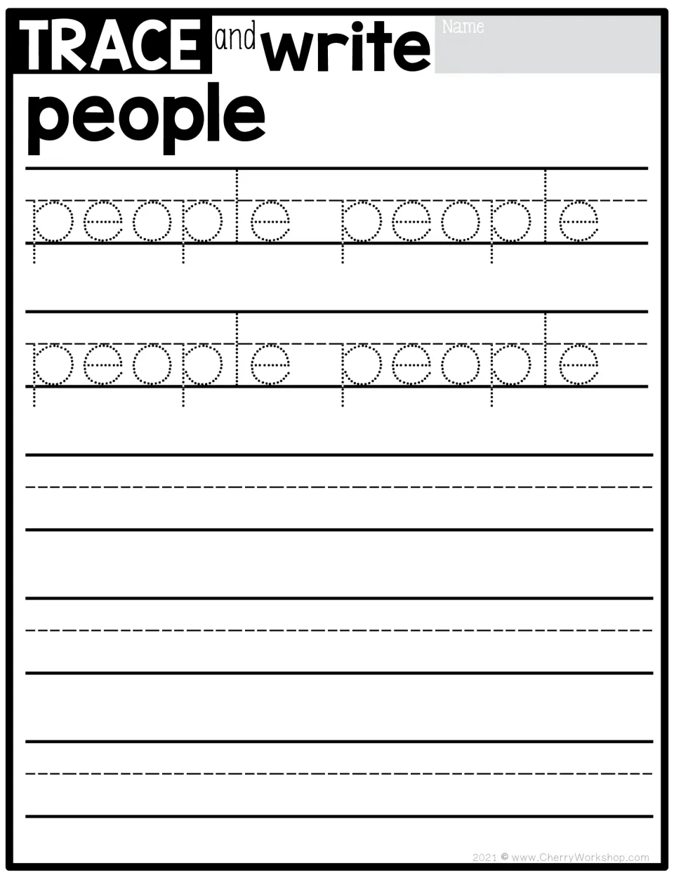 Sight word people: students trace the dotted word people four times, then print it on their own across three blank rows