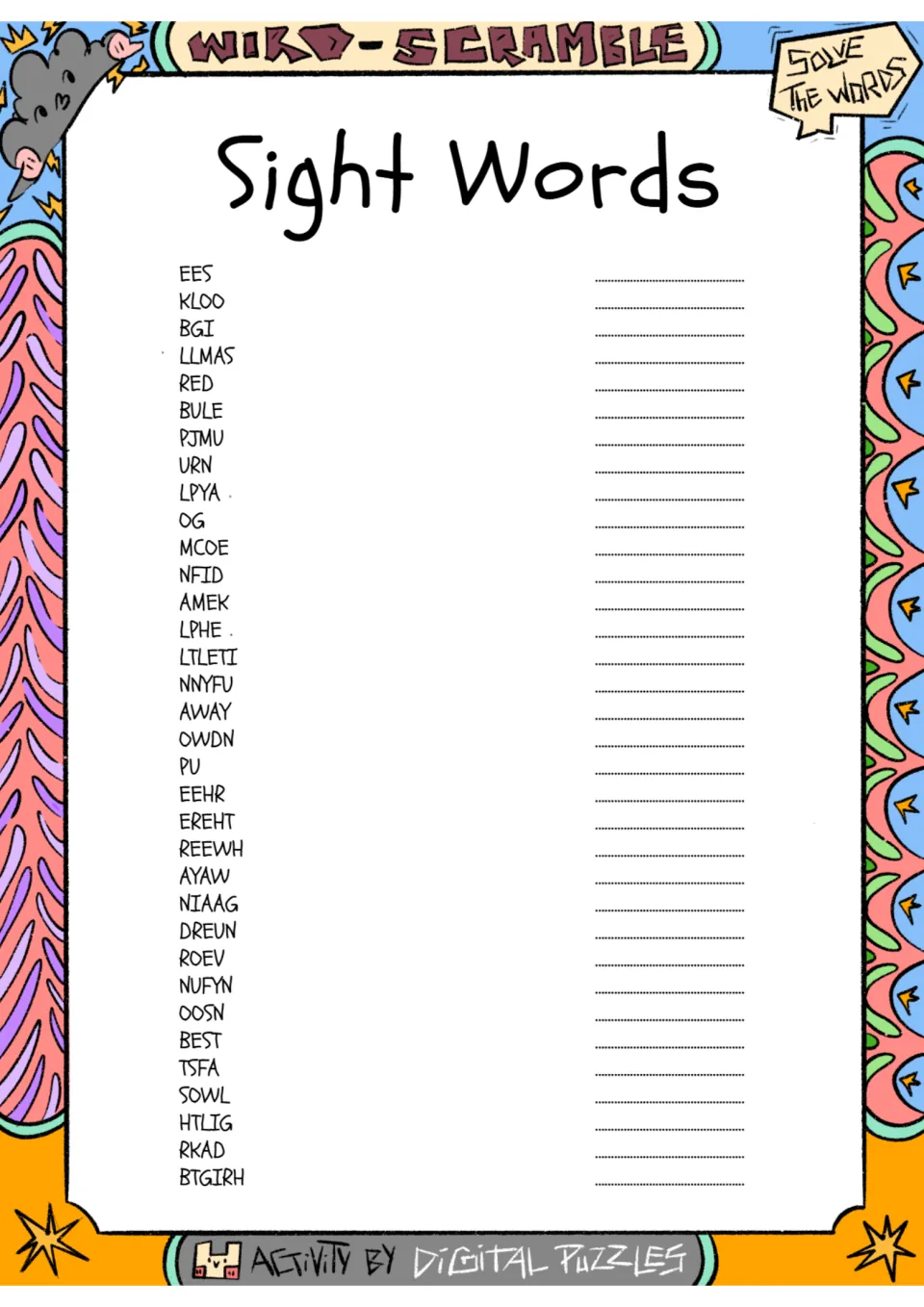 Sight Words word scramble: students unscramble 33 jumbled words such as EES, KLOO and BGI and write each one correctly