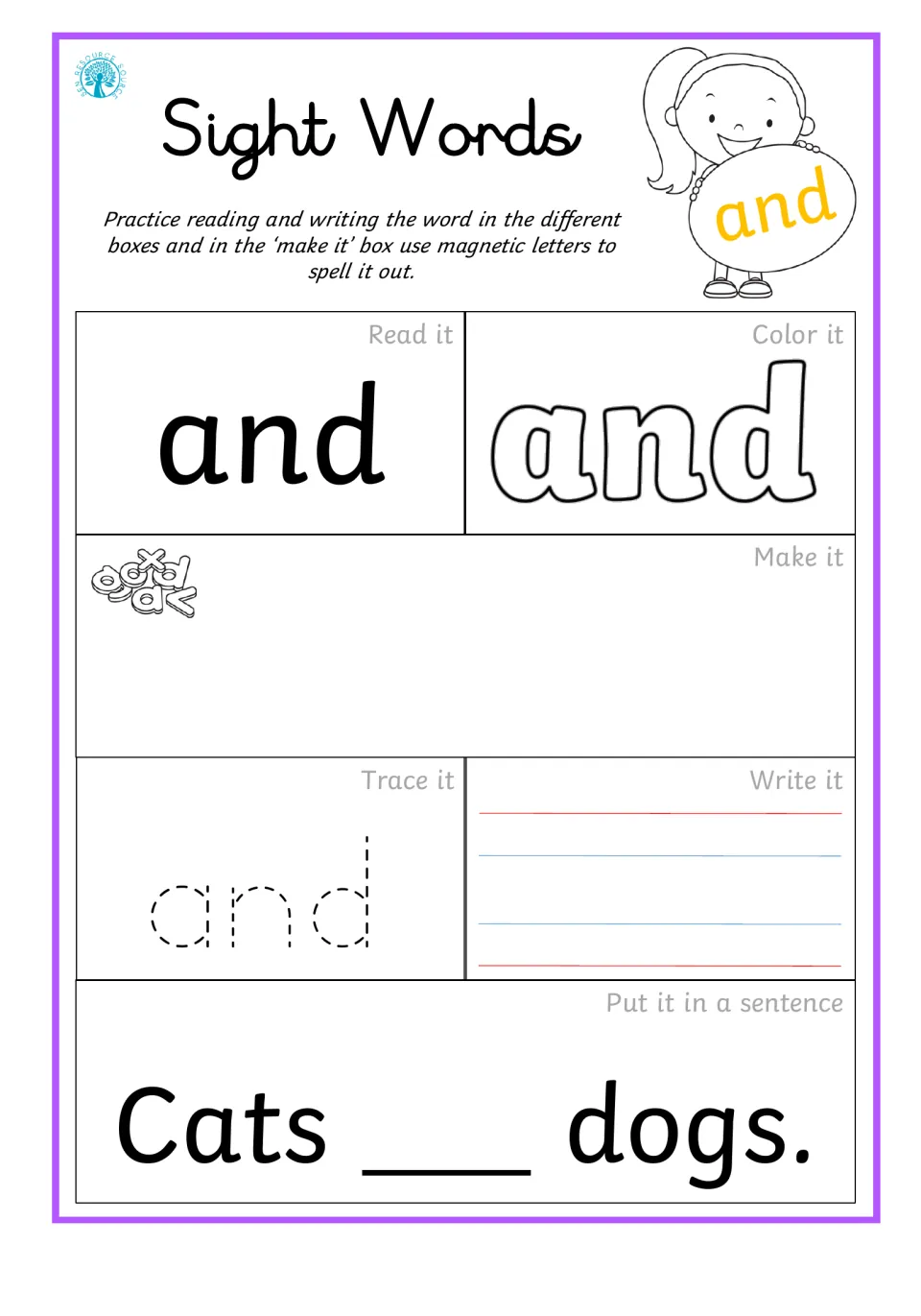 Sight word practice for 'and': read, color, build, trace, write, and complete 'Cats ___ dogs.'
