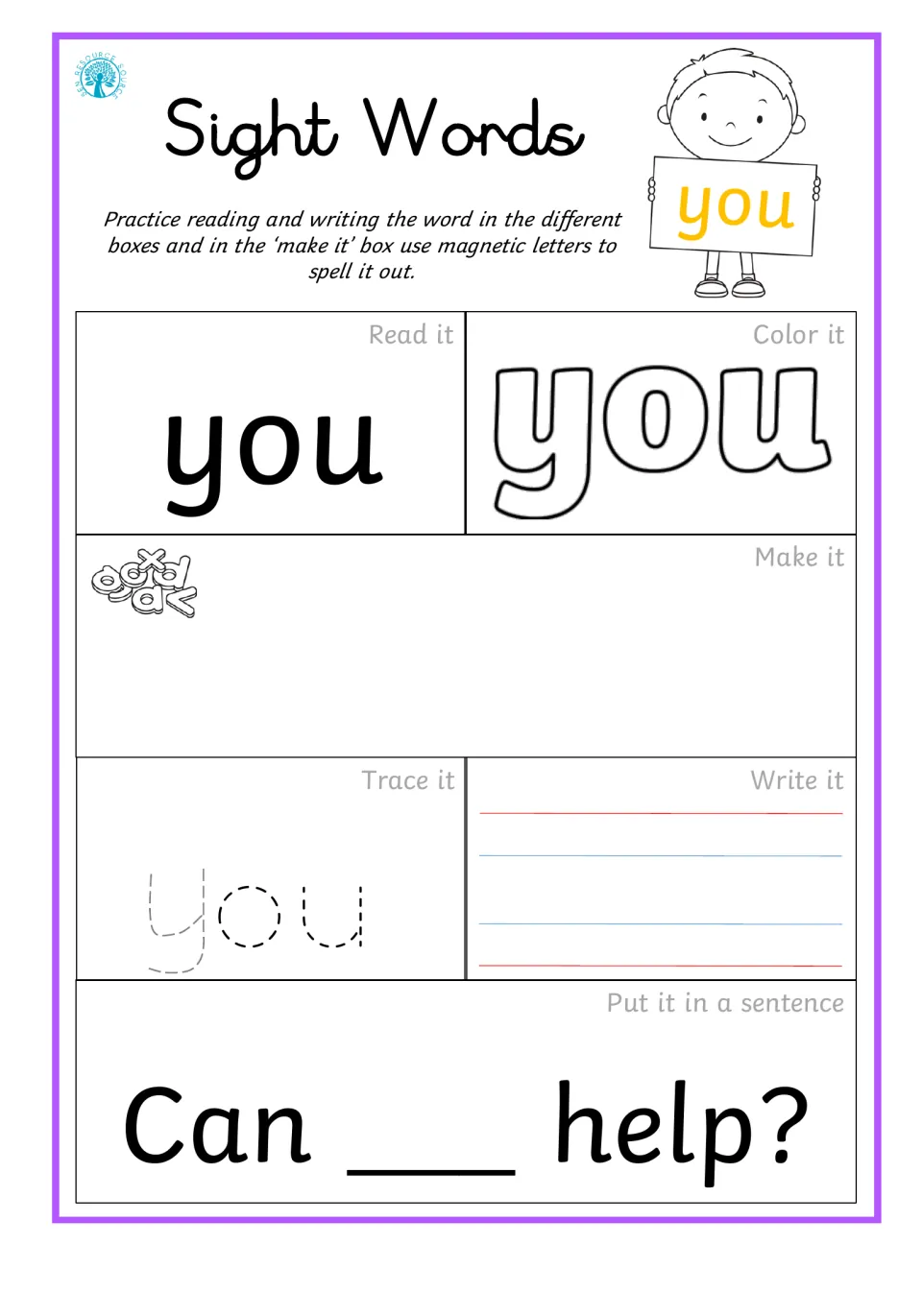 Sight word practice for 'you': read, color, build, trace, write, and complete the question 'Can ___ help?'