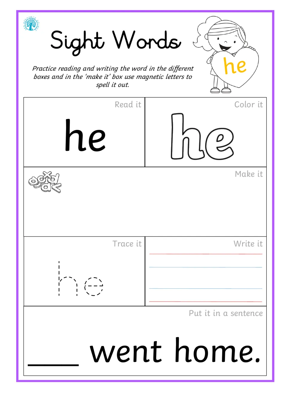 Sight word practice for 'he': read, color, build, trace, write, and complete the sentence '___ went home.'