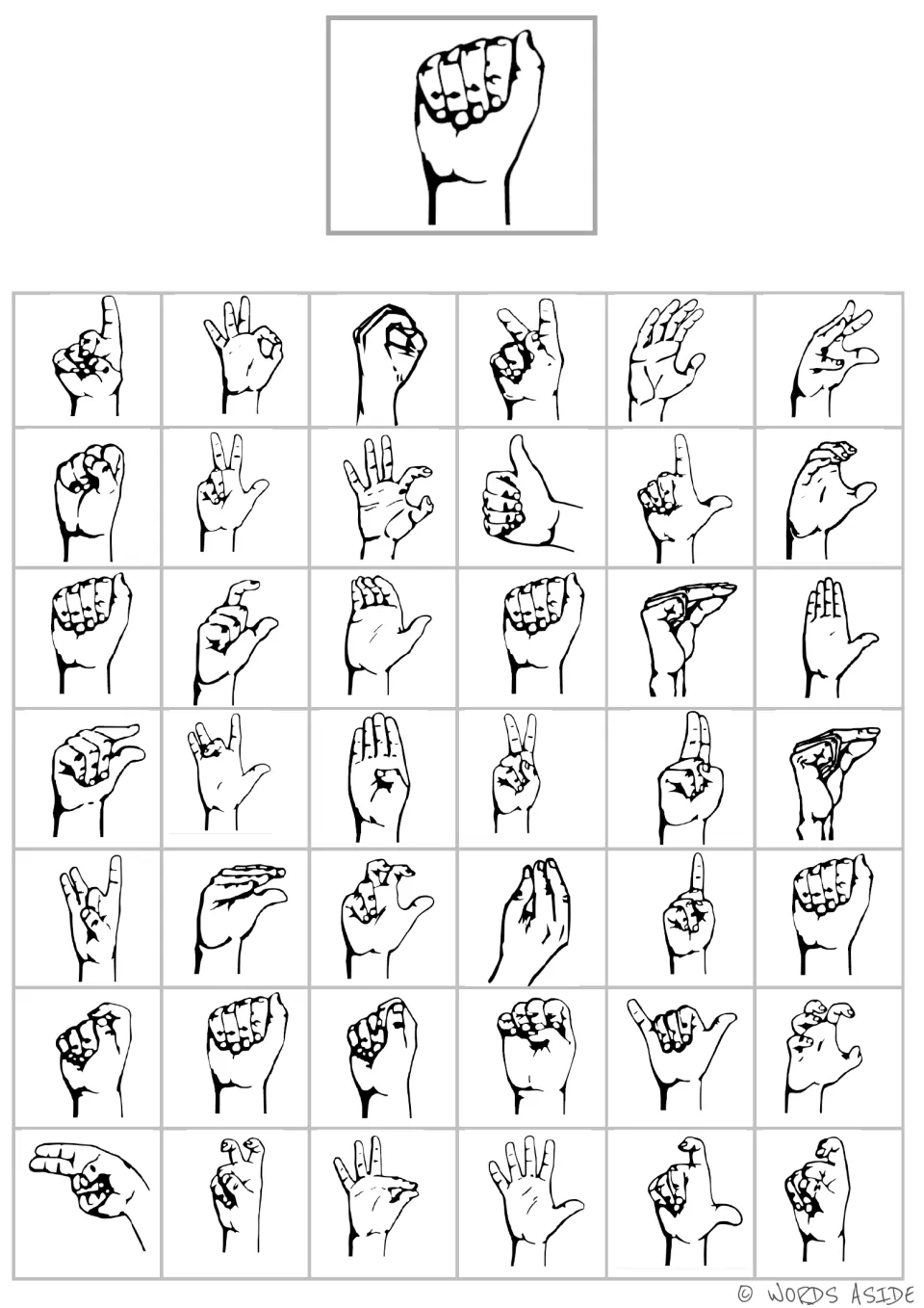 Handshape matching board 1: a closed fist with the thumb alongside the curled fingers, plus 42 choices