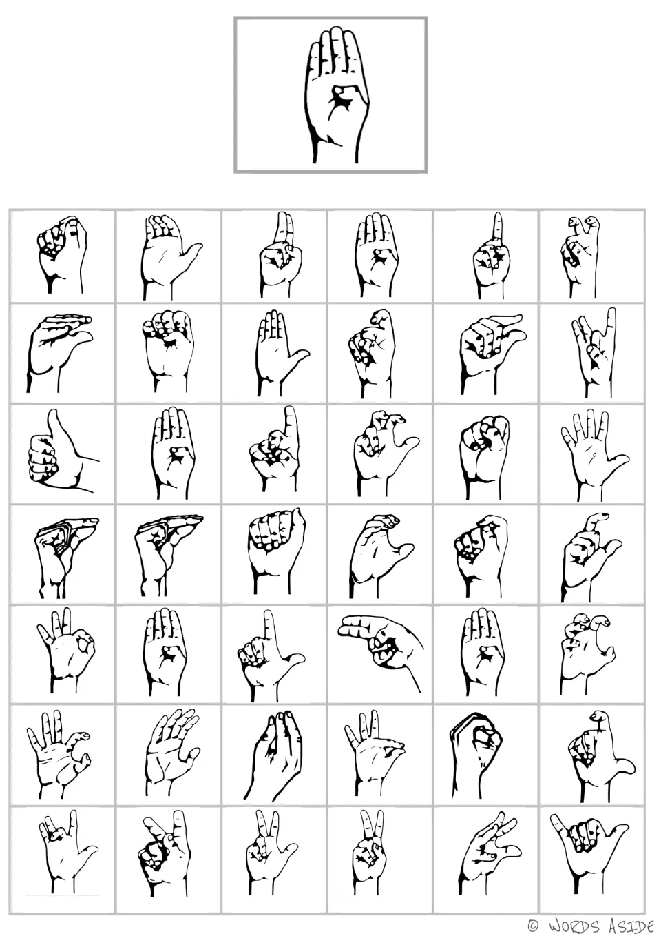 Handshape matching board 2: four upright fingers held together with the thumb folded across the palm
