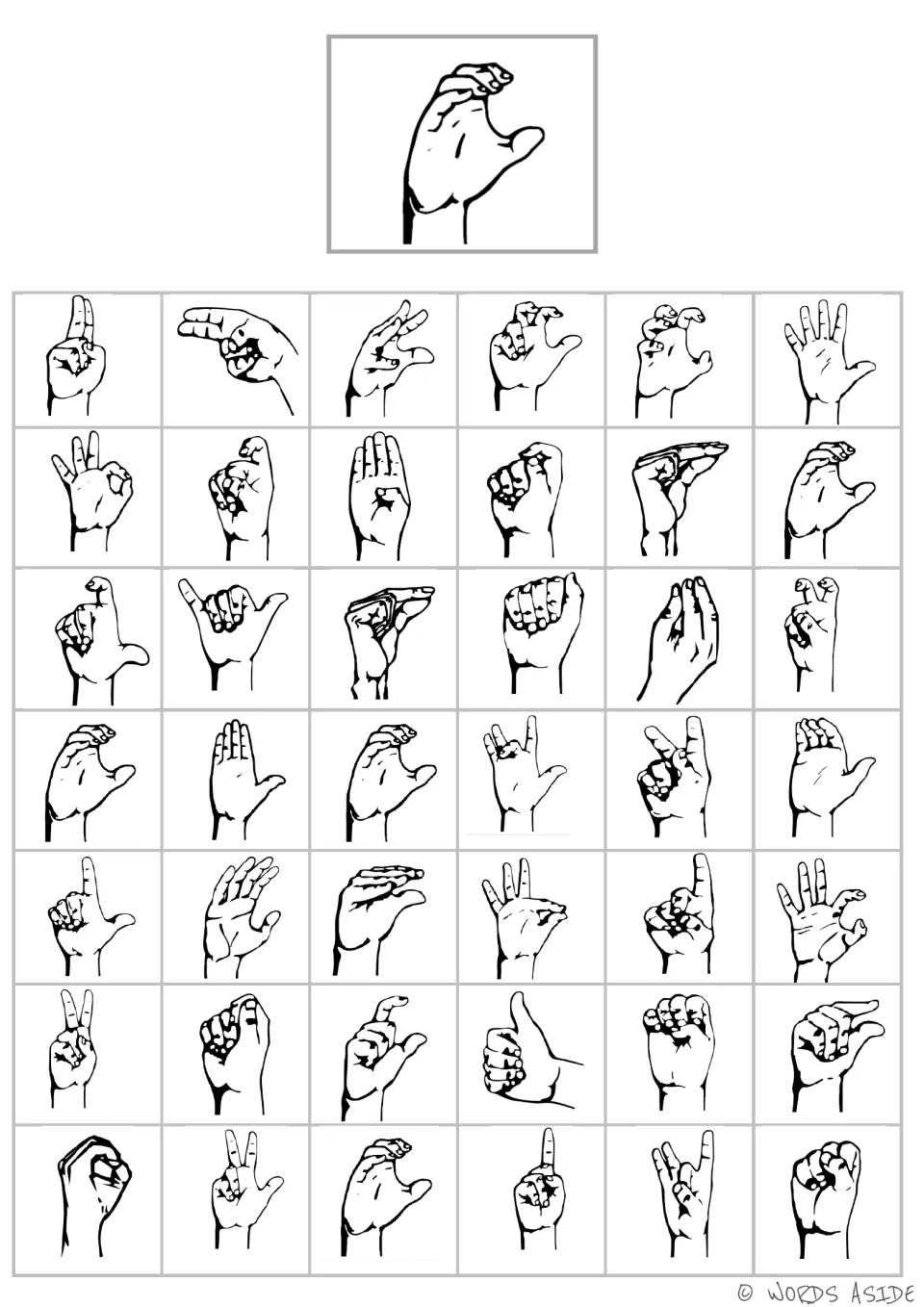 Handshape matching board 3: curved fingers and an extended thumb form an open C shape, with 42 choices