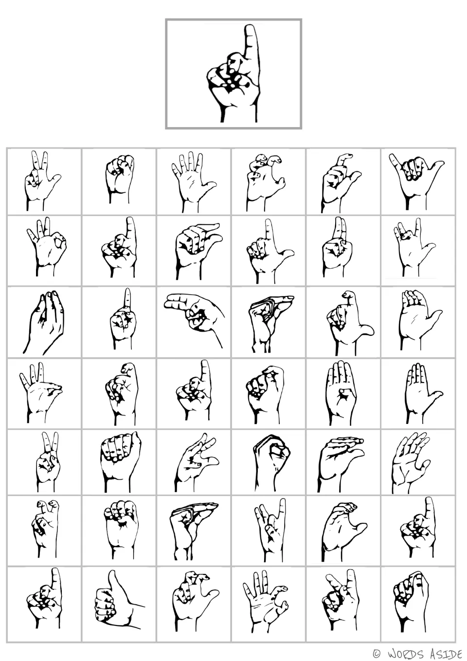 Handshape matching board 4: an upright index finger above curled fingers and thumb, with 42 choices