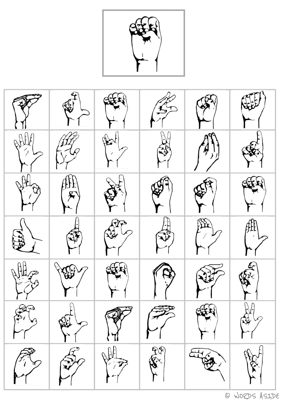 Handshape matching board 5: fingers bent tightly toward the palm with the thumb beneath, plus 42 choices