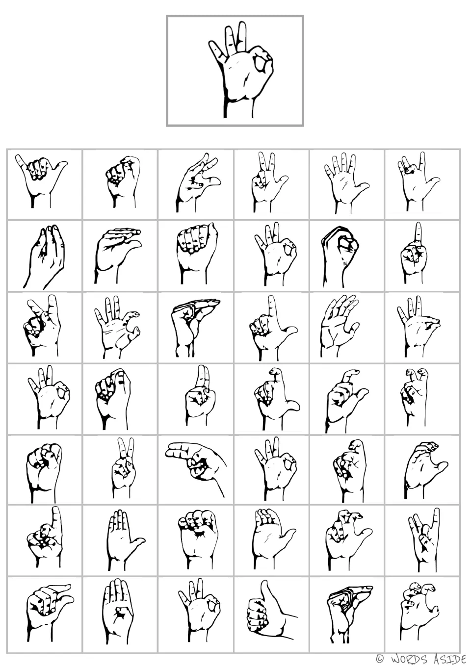 Handshape matching board 6: thumb and index finger touch in a circle while three fingers extend upward