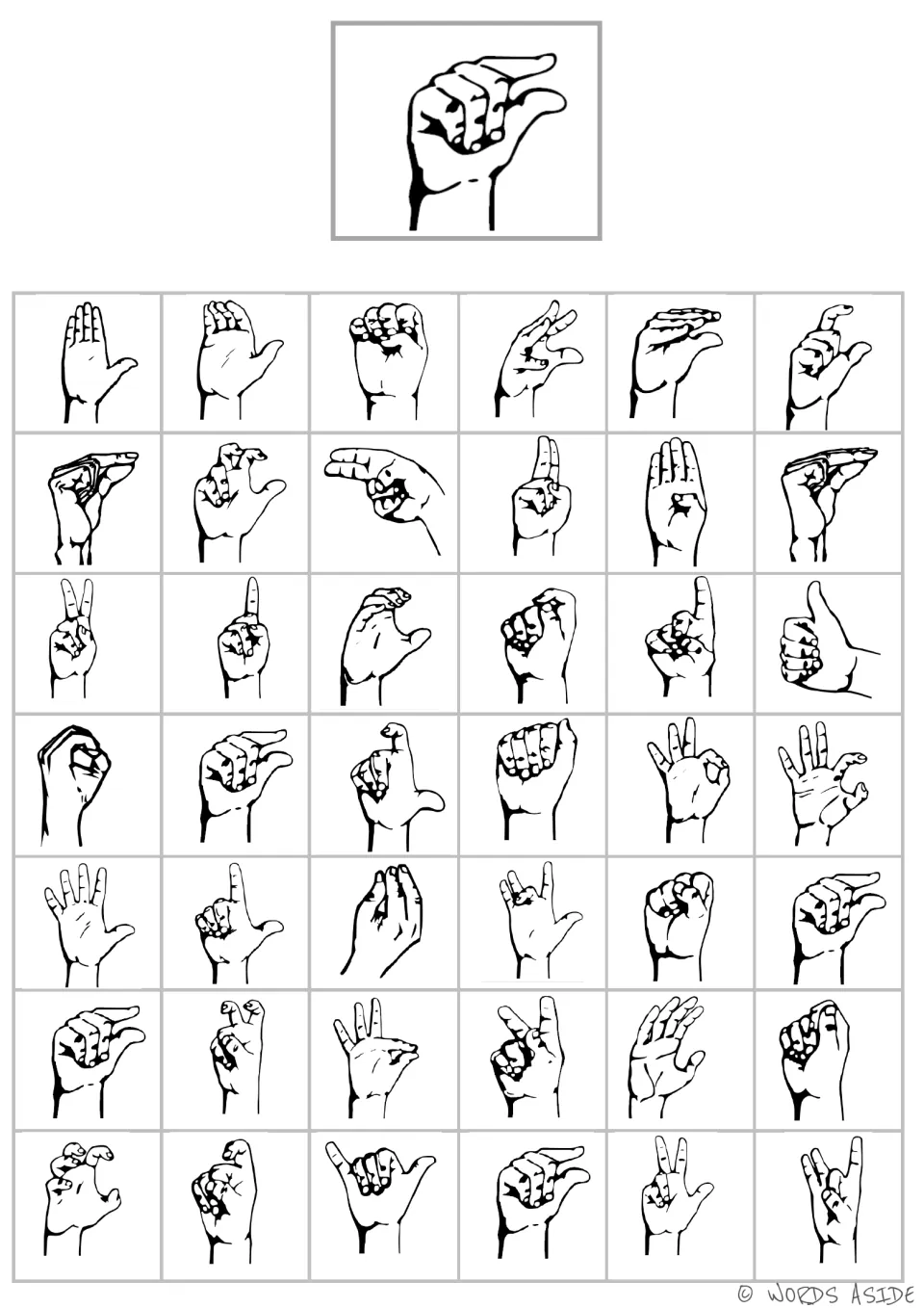 Handshape matching board 7: index finger and thumb extend sideways with a gap between them, plus 42 choices