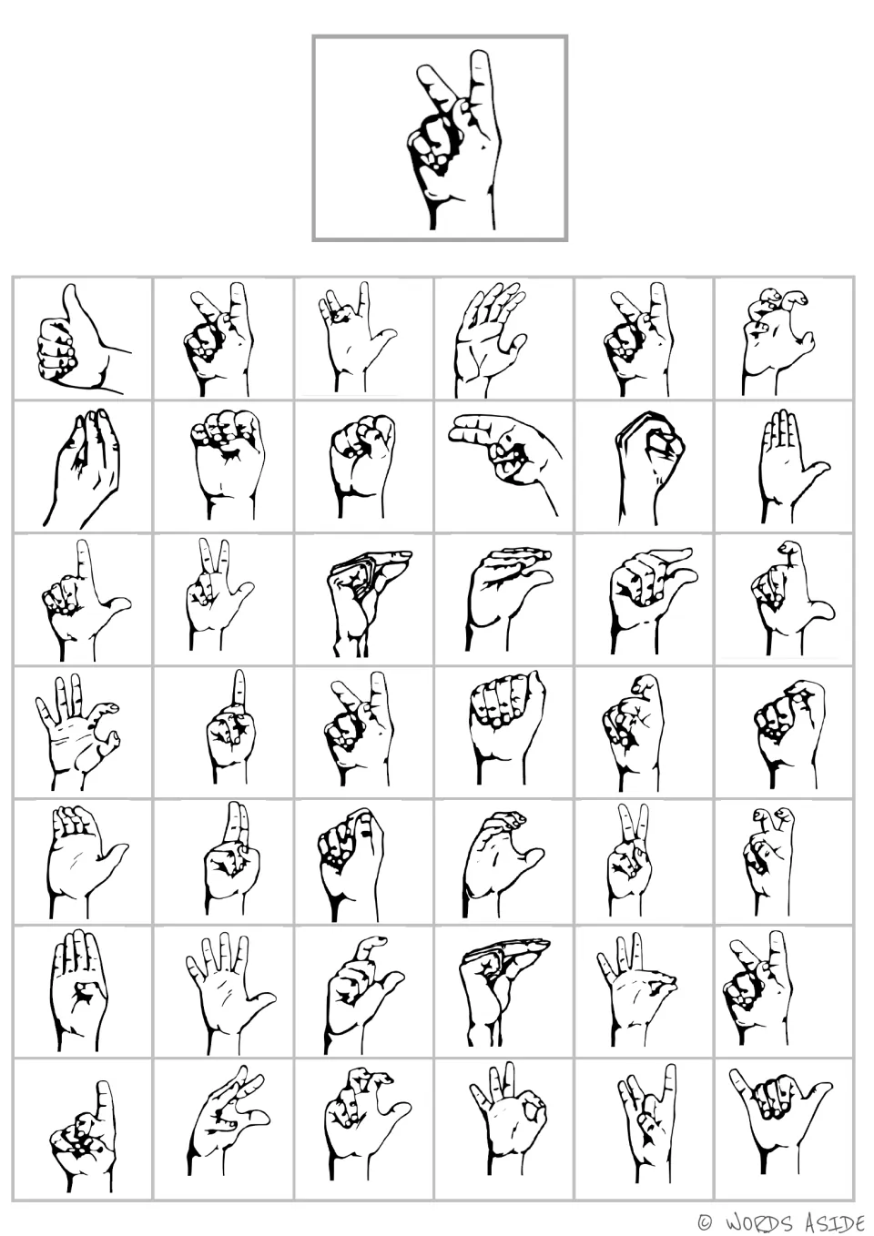 Handshape matching board 8: two raised fingers spread apart above the curled fingers, with 42 choices