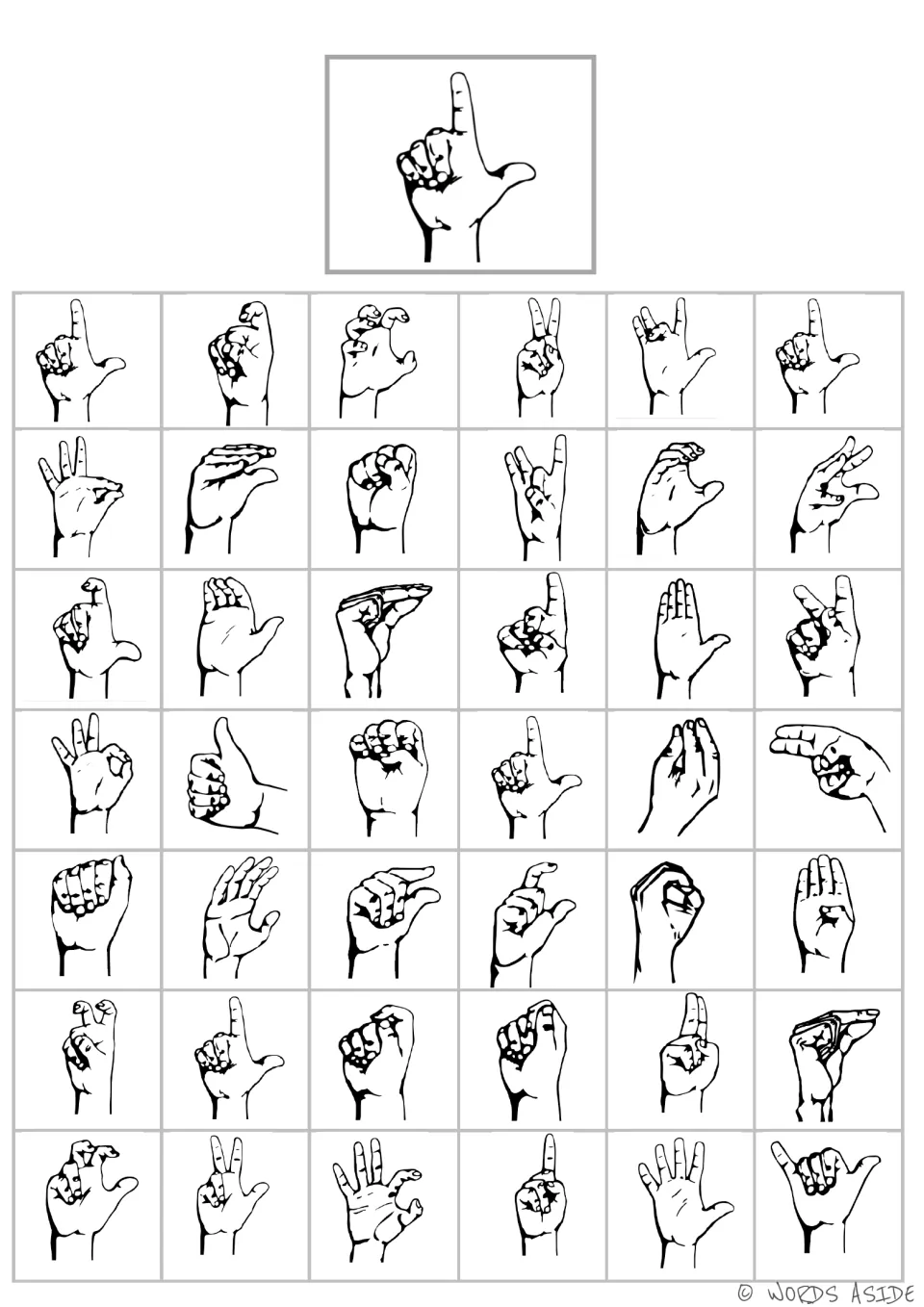 Handshape matching board 9: an upright index finger and sideways thumb form an L shape, with 42 choices