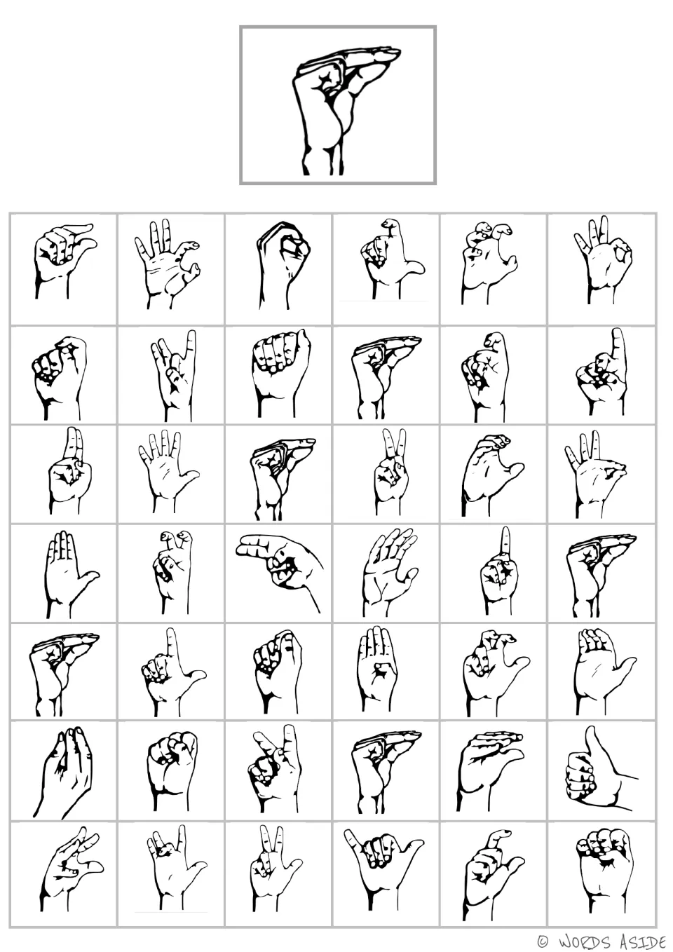 Handshape matching board 10: fingers held together extend sideways above the bent thumb, with 42 choices