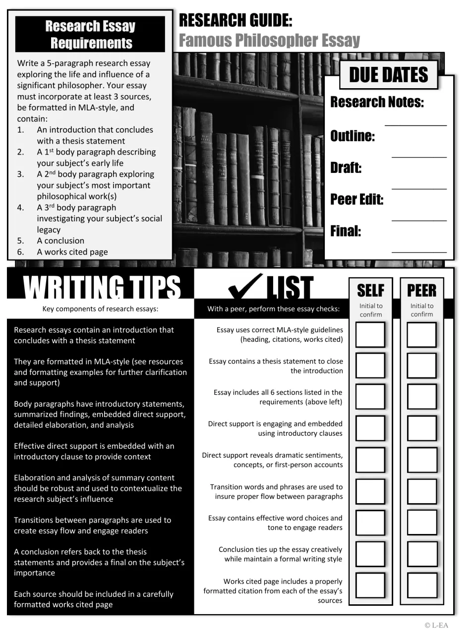 Black-and-white research guide: essay requirements, due dates, writing tips and a checklist students and peers initial