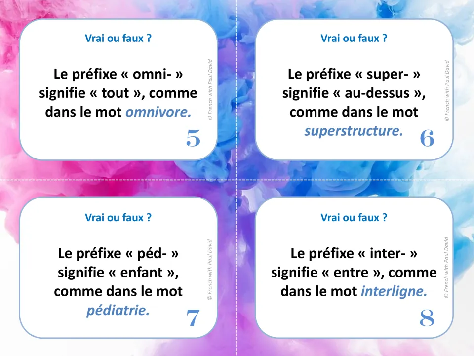 Prefix meanings, cards 5-8: students judge whether omni-, super-, péd- and inter- are defined correctly, as in omnivore