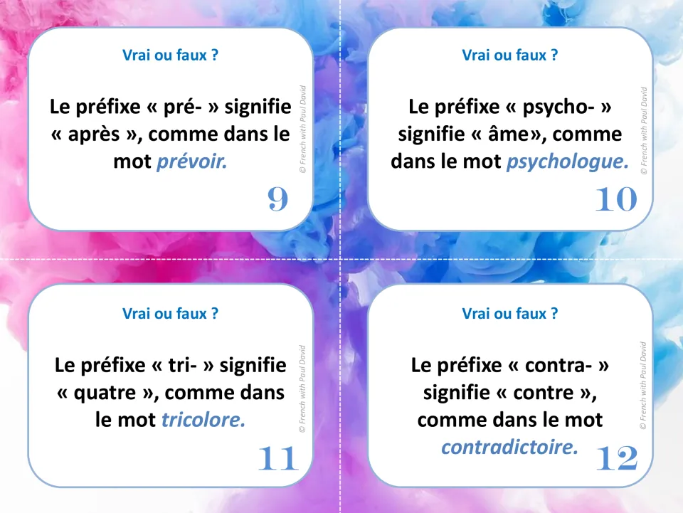 Cards 9-12 on pré-, psycho-, tri- and contra-: students check each stated meaning against words such as tricolore