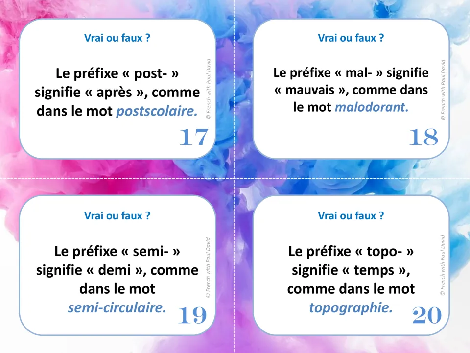 Cards 17-20 cover post-, mal-, semi- and topo-: students judge each meaning using postscolaire, malodorant, topographie